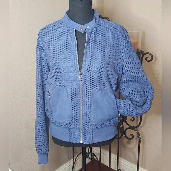 Kenneth Cole Faux Suede Blue Bomber Jacket - Picture 2 of 9